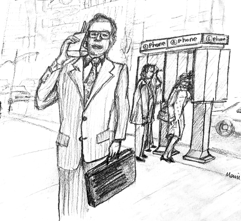 A hand drawing of a man using the Motorola DynaTAC 8000X on a steet in New York.