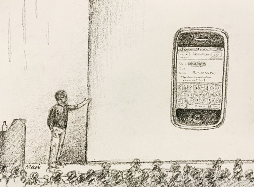 A hand drawing of Steve Jobs presenting the iPhone.