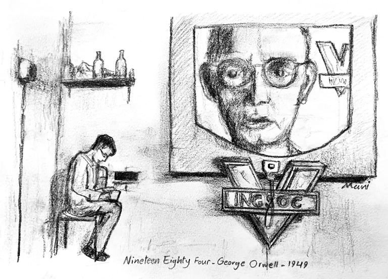 A hand drawing of Winston Smith Orwell's protagonist in 1984.